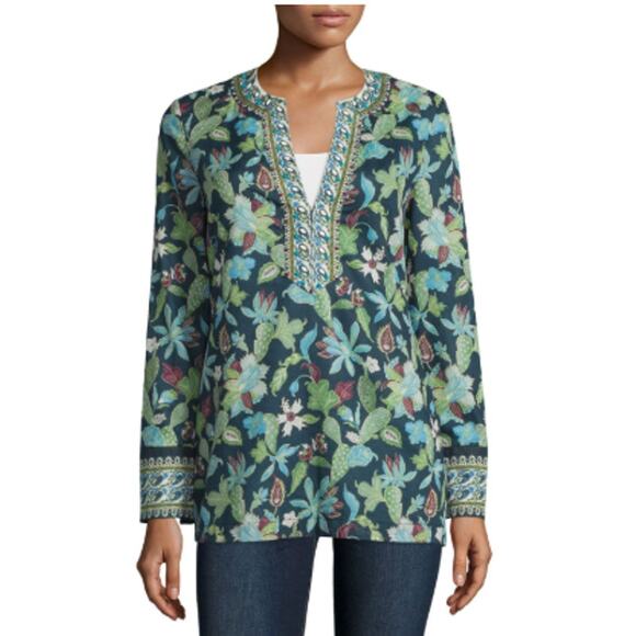 Tory Burch 8 Floral Embellished Tunic Beaded Coastal Blue Boho Classic Paisley - Picture 1 of 4